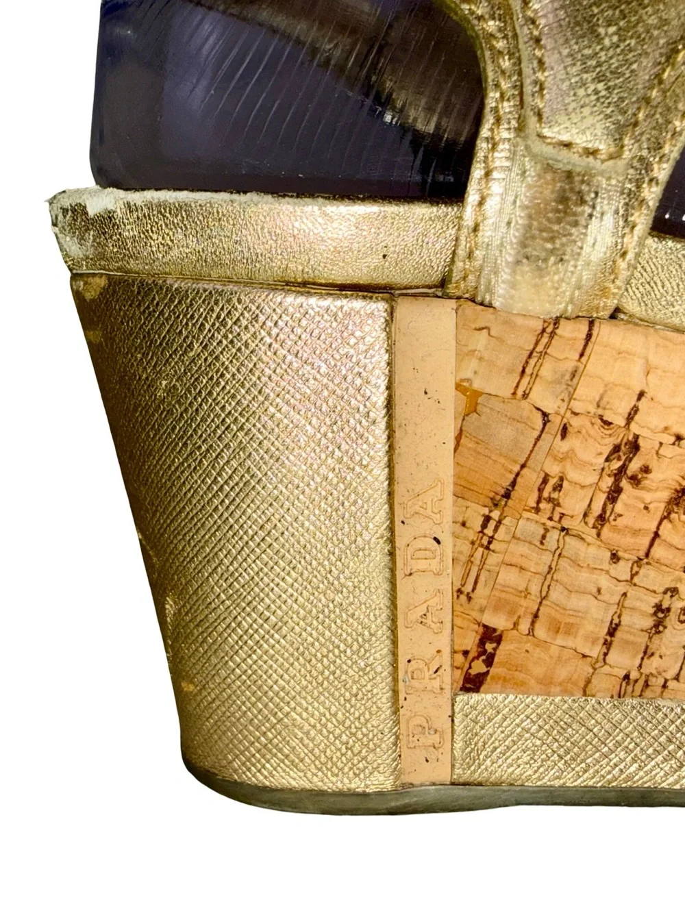 PRADA GOLD WEDGE SANDALS WITH CORK PLATFORMS
